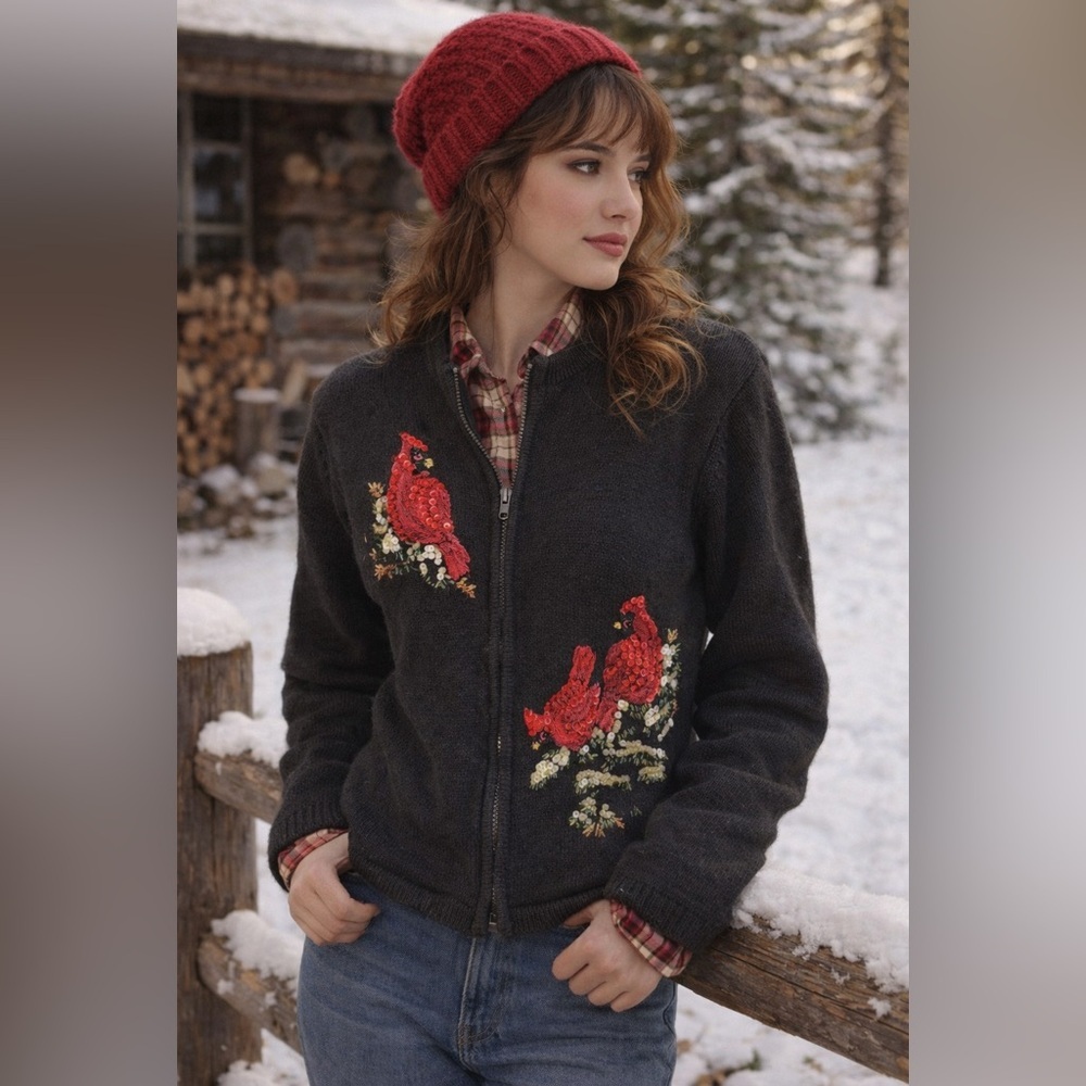 Vintage Black Cardigan Red Bird Embroidery sequins cozy chalet  size medium